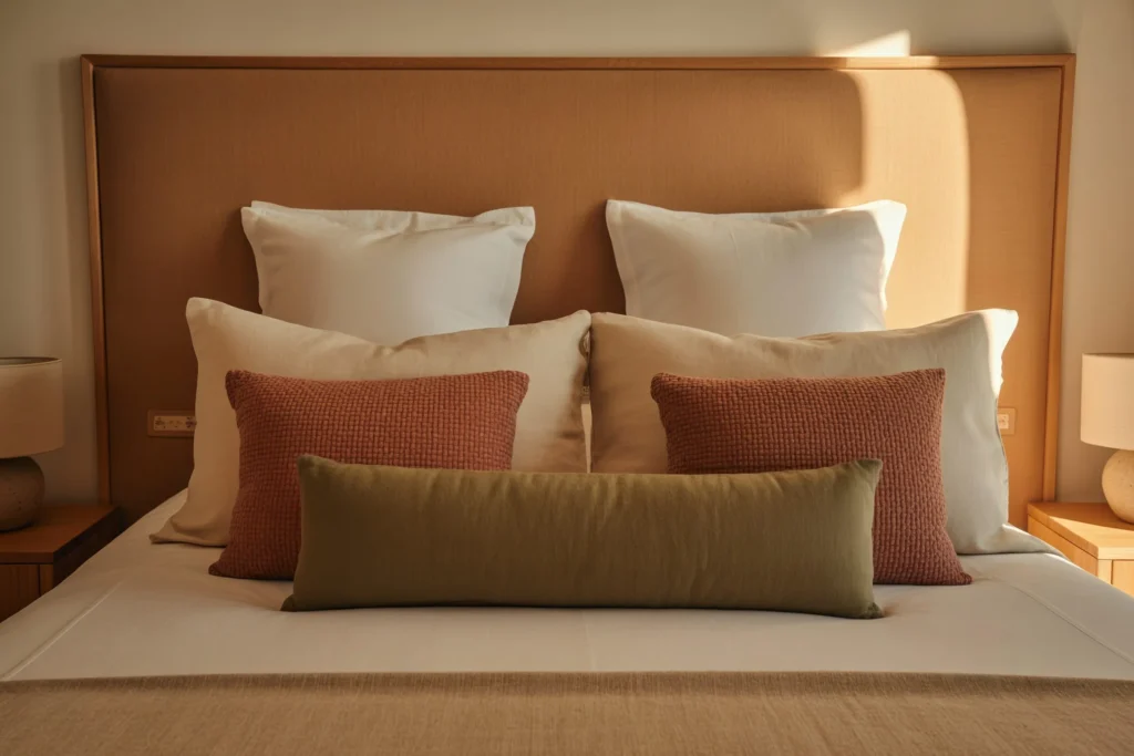 Bed with Layered Throw Pillows