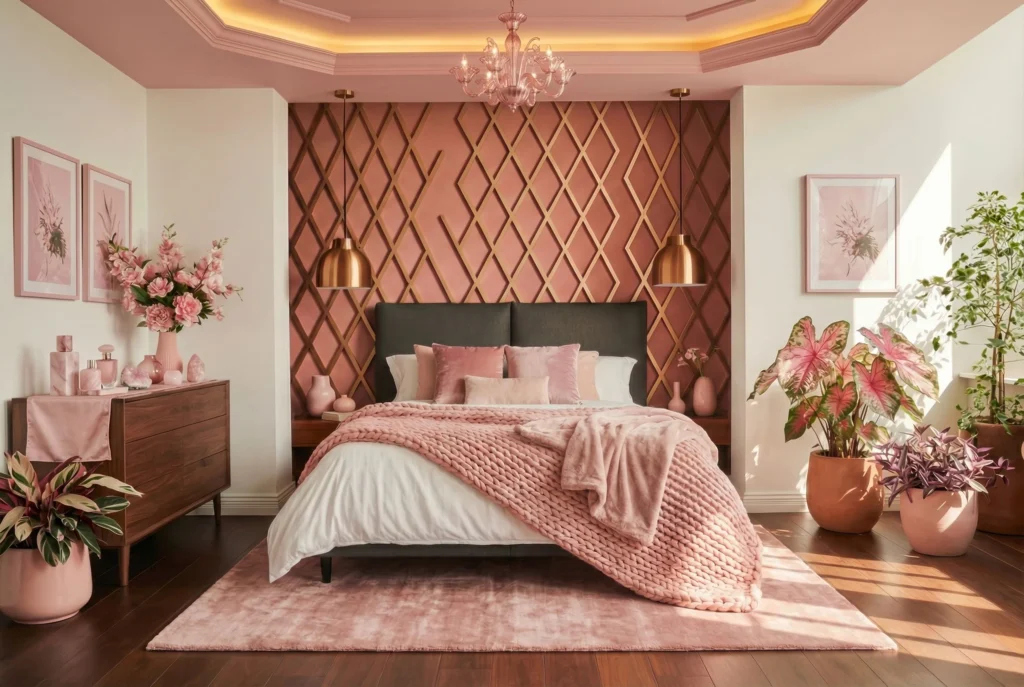 Blush Pink Accent Wall With Gold Geometric Wallpaper