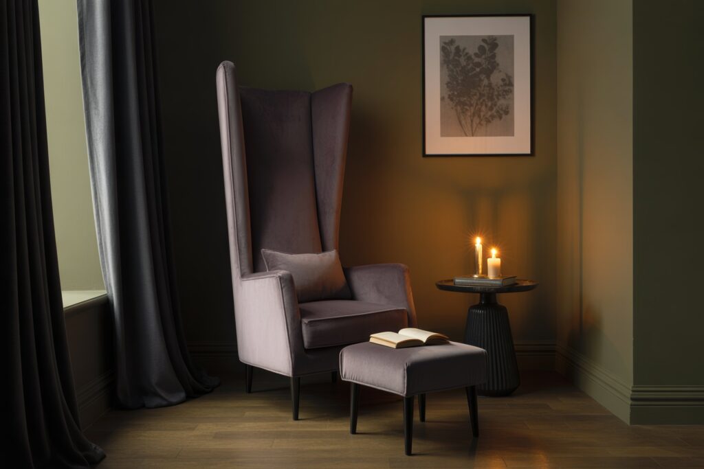 Dark Feminine Reading Nook With a Velvet Chair