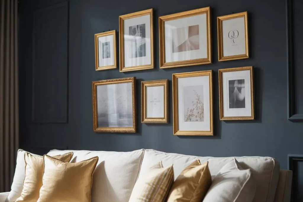 Gallery Wall with Gold Frames in Mixed Sizes