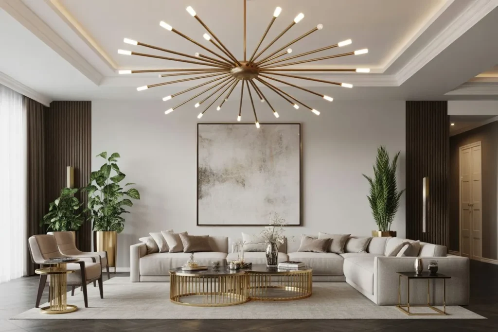 Gold Geometric Ceiling Light as the Room's Crown