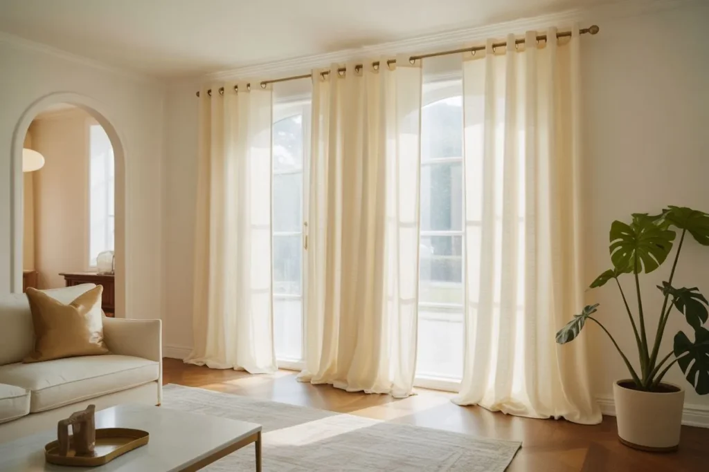 Gold Curtain Rods with Floor-to-Ceiling Drapes