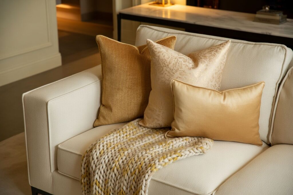 Gold Accent Pillows and Throws on Neutral Furniture