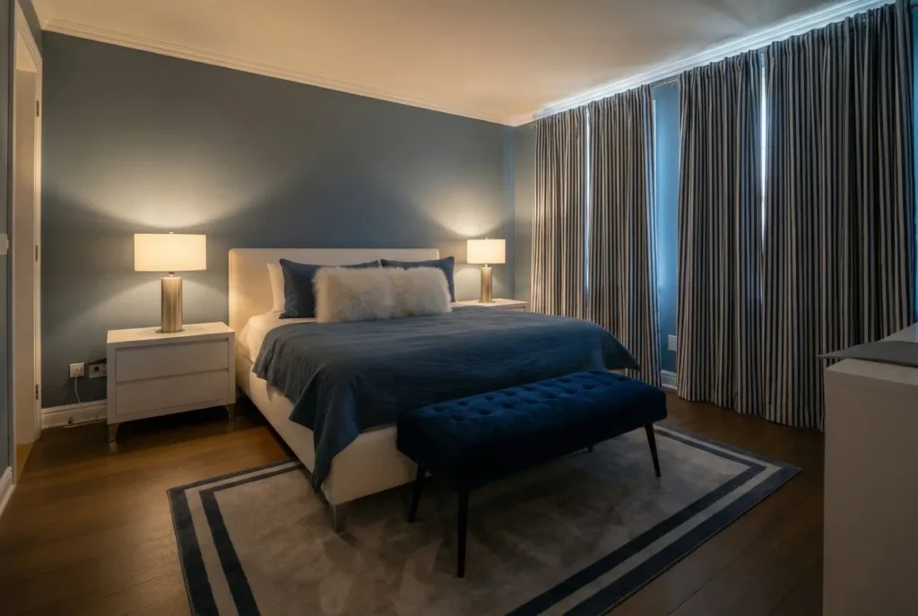 Grey Bedroom with Pops of Navy Blue