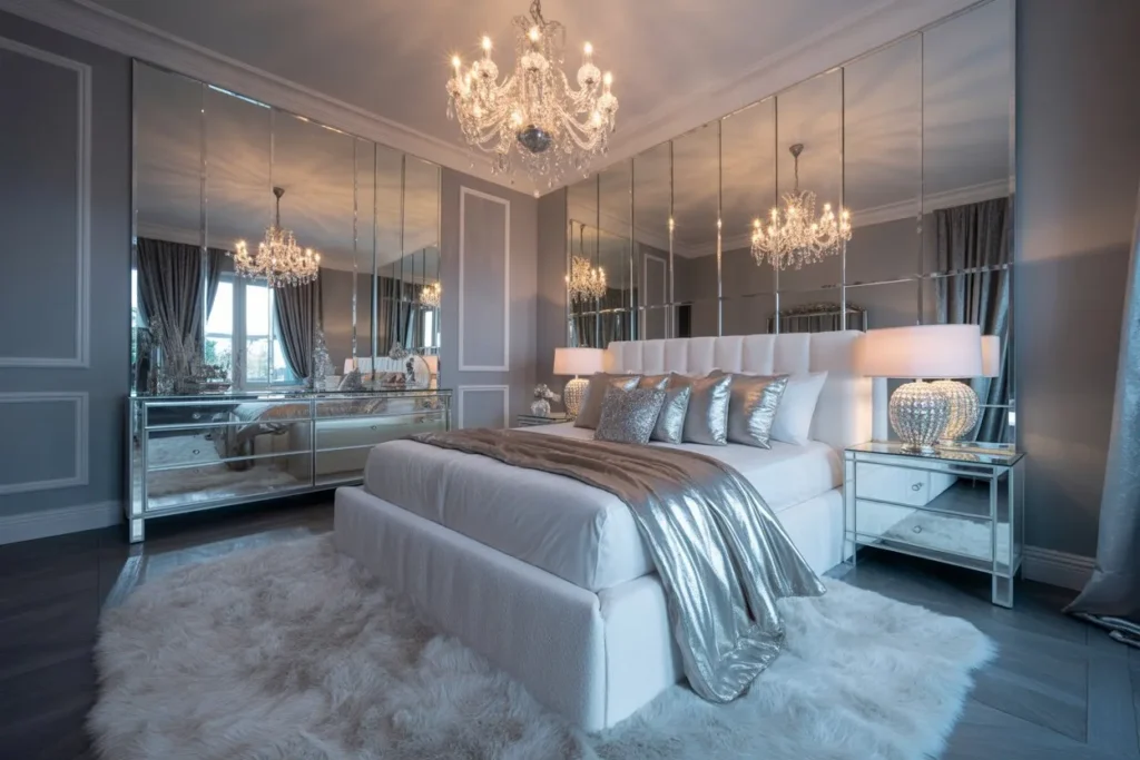 Grey Bedroom with Mirrored Furniture