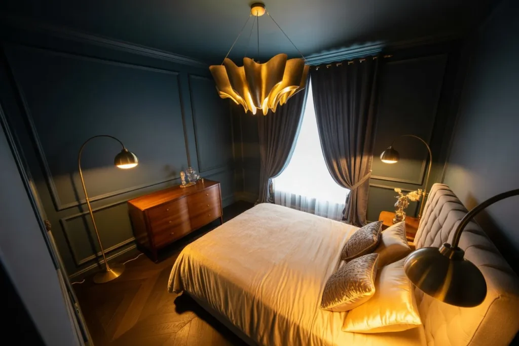 Grey Bedroom with Statement Lighting