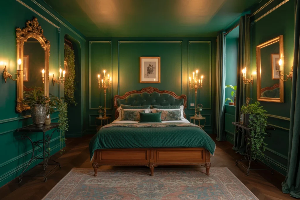 Moody Emerald Green With Gold Accents Bedroom 