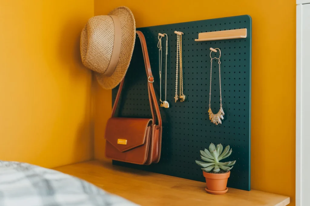 Pegboards on Bedroom Walls for Visible Storage