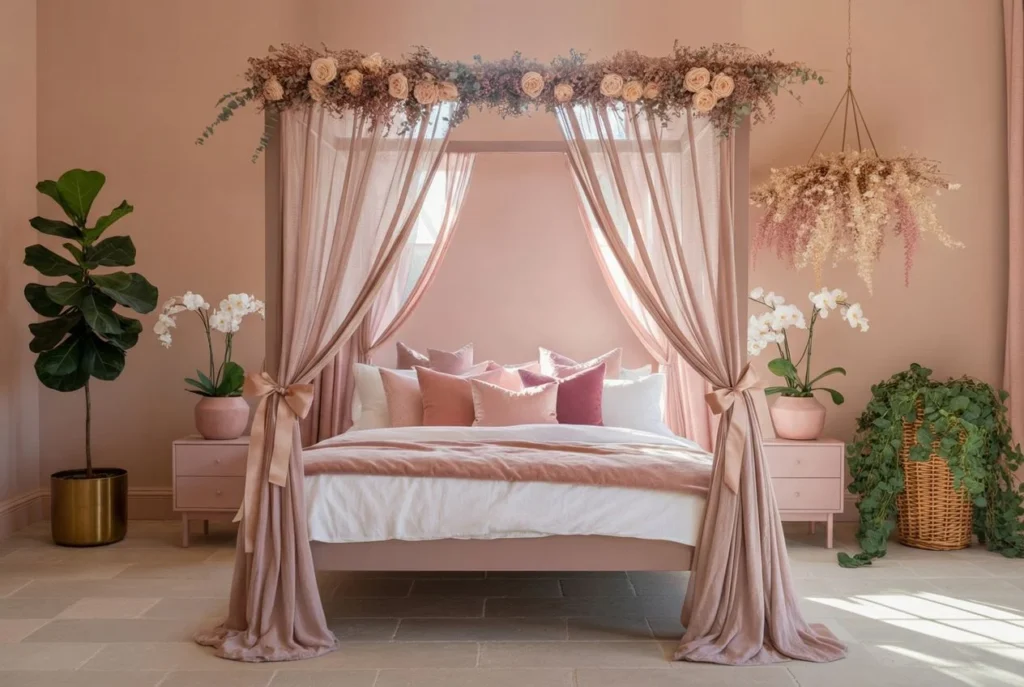 Pink Canopy Bed With Sheer Drapes