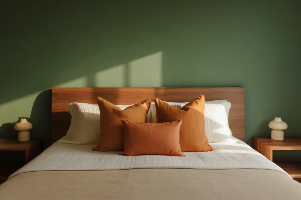 Sage Green Accent Wall With Warm Wood Furniture