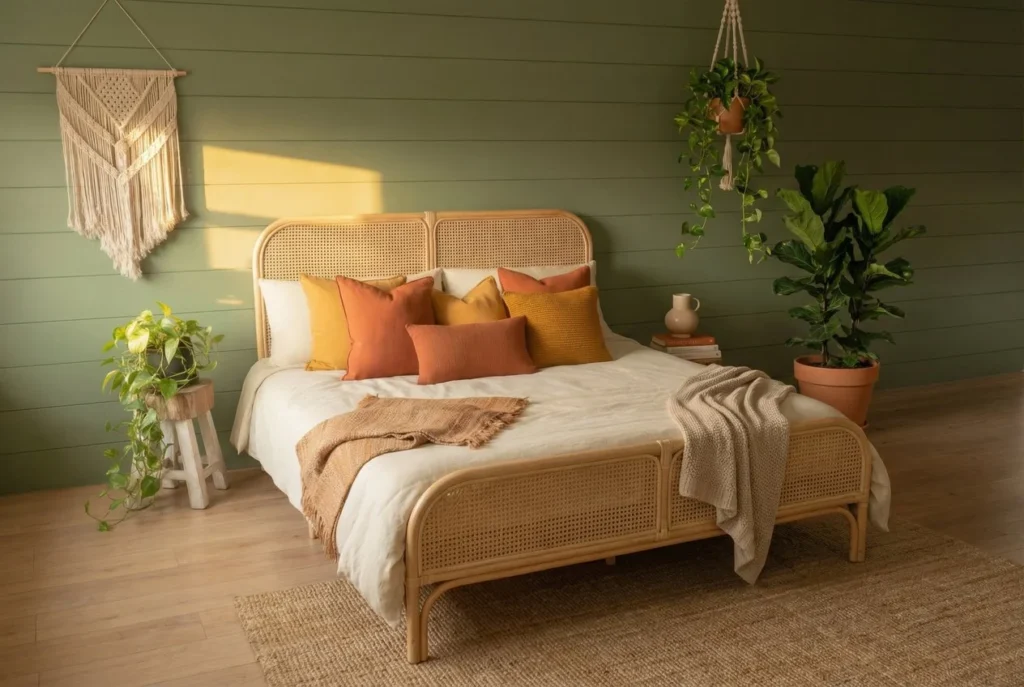 Sage Green Bedroom With Boho Decor Elements