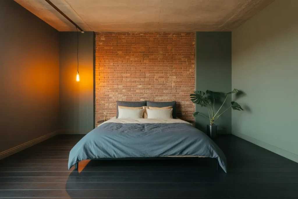Sage Green Bedroom With Exposed Brick for Industrial Chic