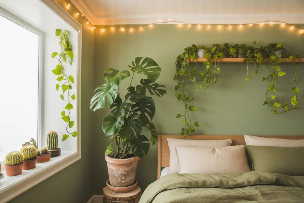 Sage Green Bedroom With Plants for a Biophilic Design