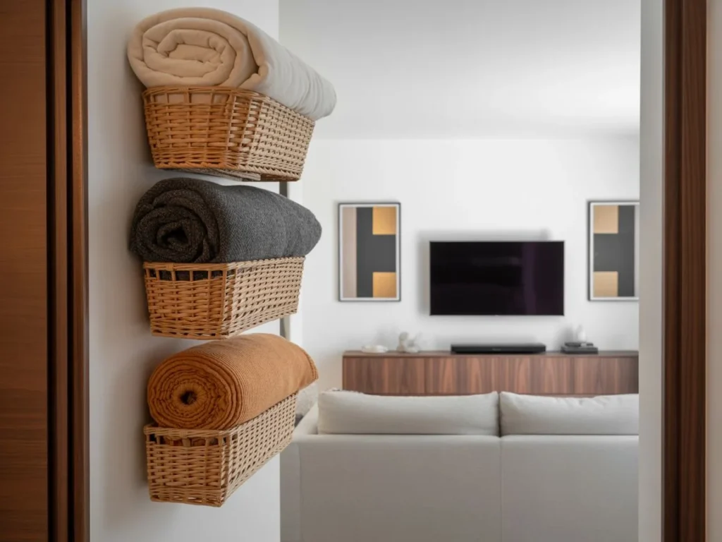 Wire Basket Wall Organization for Blanket Storage