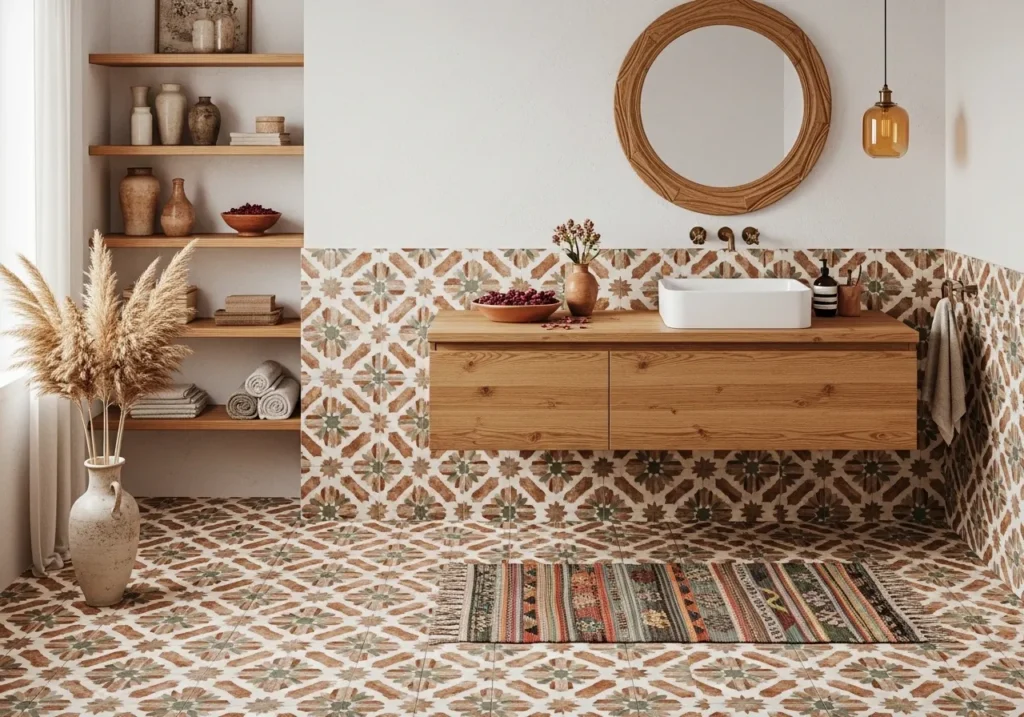 Boho Bathroom with Patterned Tile and Earthy Tones
