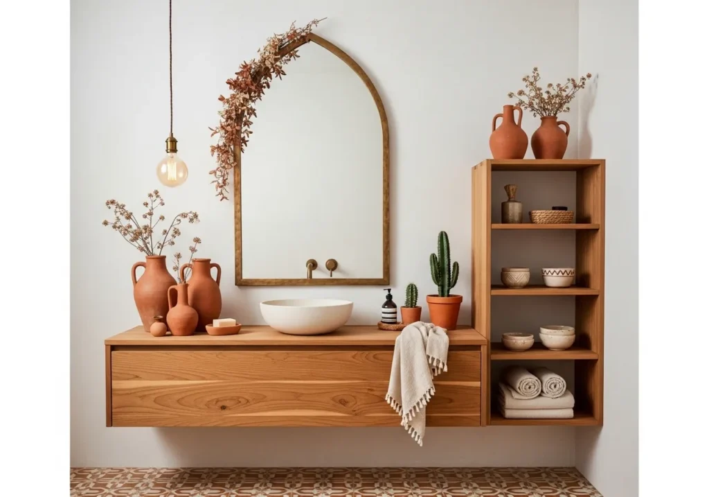 Boho Bathroom with Arch Mirror and Terracotta Accents