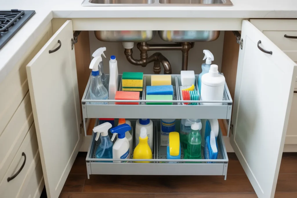 Two-Tier Pull-Out Drawer for Kitchen Sink Cleaning Supplies