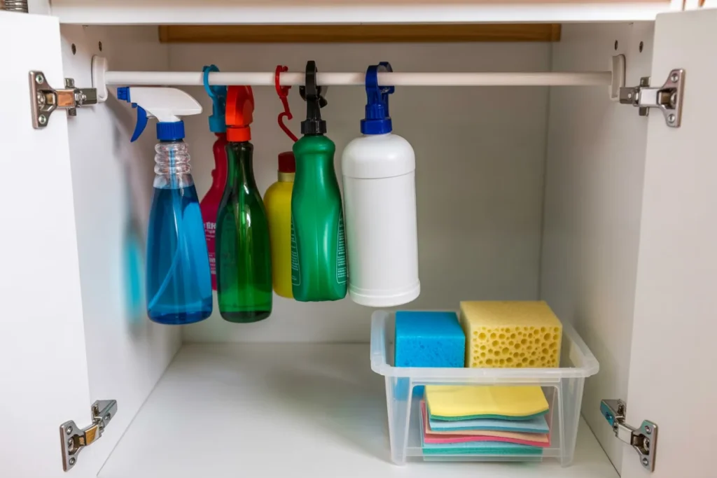 Hang a Tension Rod for Spray Bottle Storage