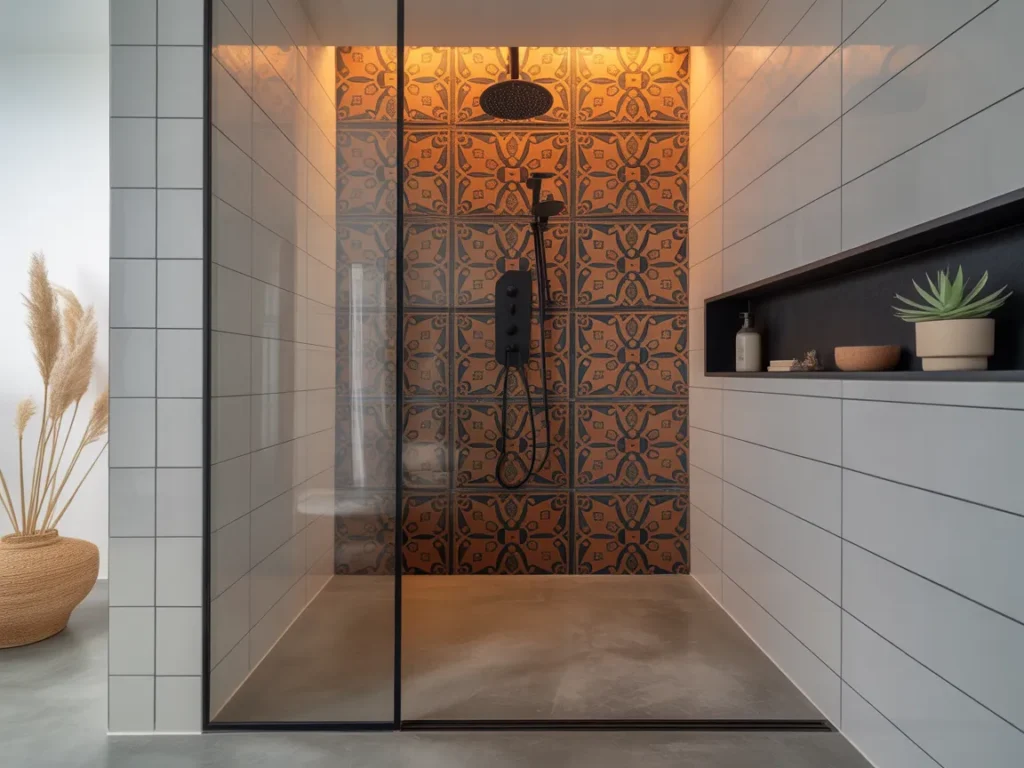 Walk-In Shower with Floor-to-Ceiling Tile Statement Wall