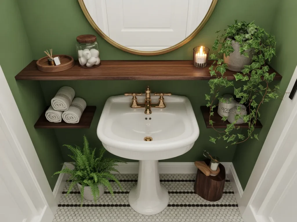 Pedestal Sink with Floating Mirror and Shelves