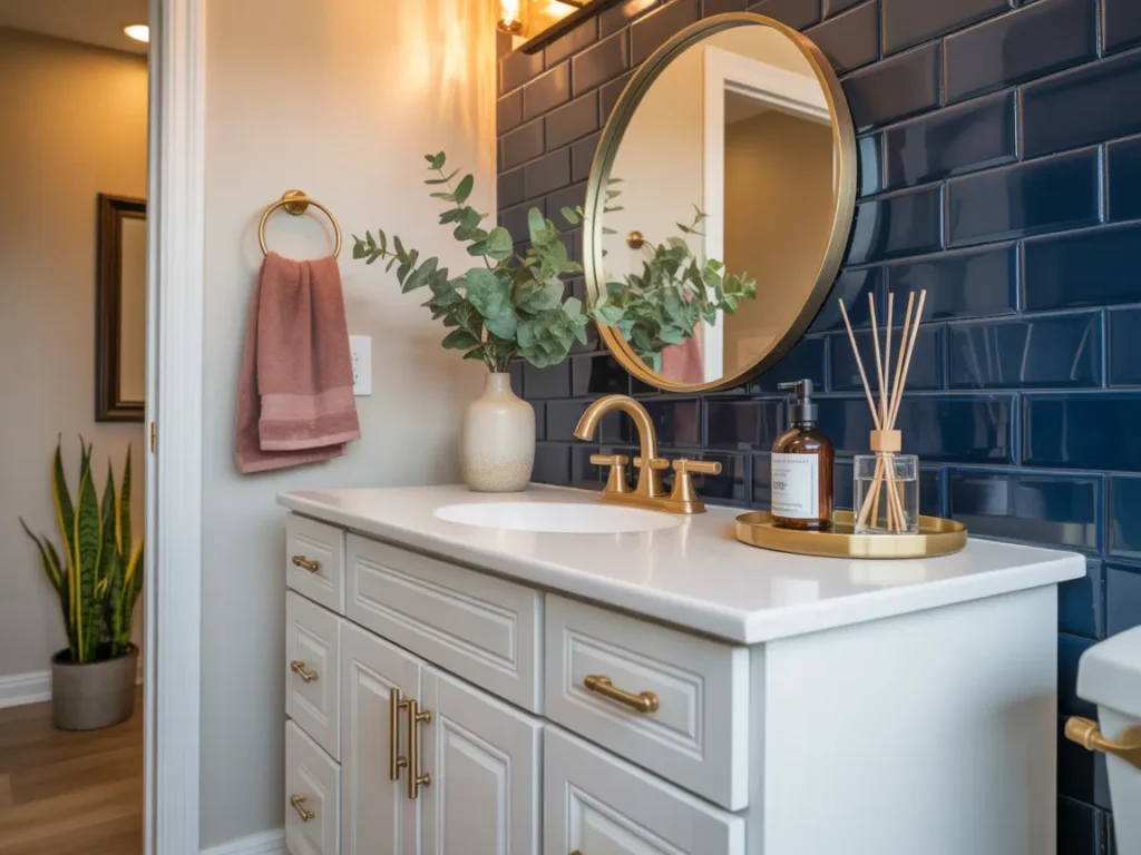 Budget Vanity Makeover with Gold Hardware and New Mirror
