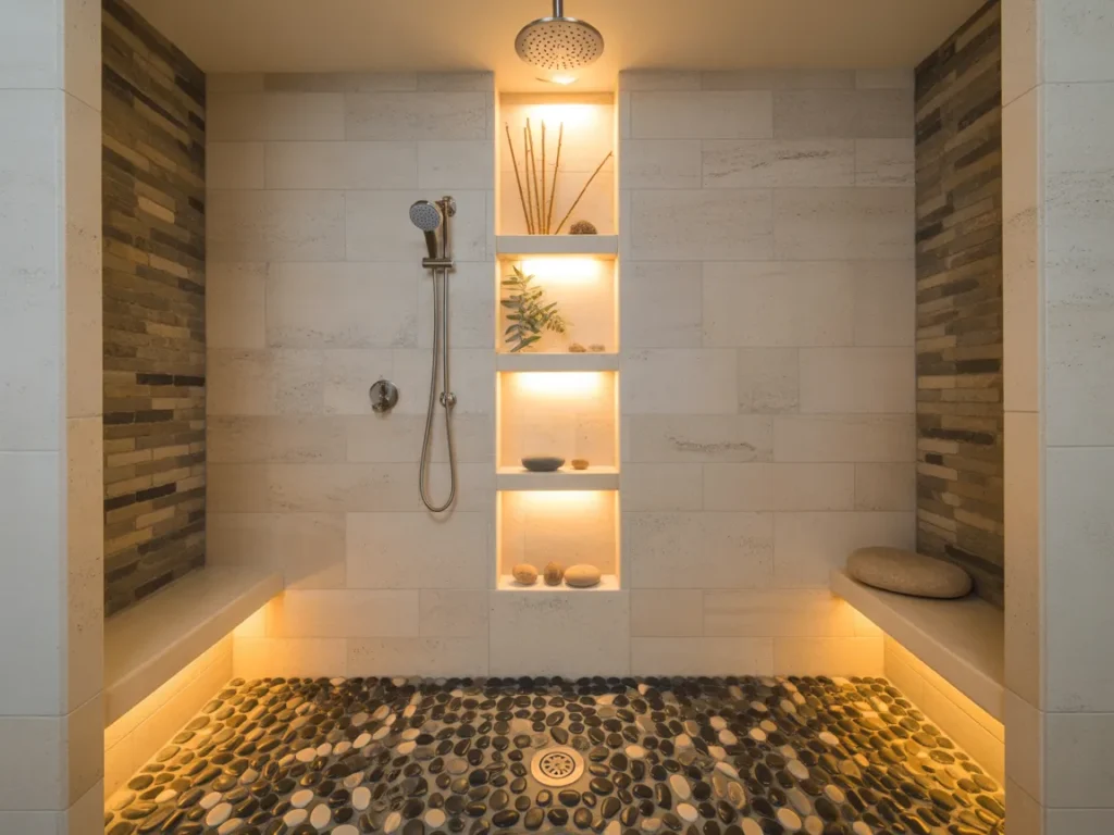 Walk-In Shower with Pebble Stone Floor