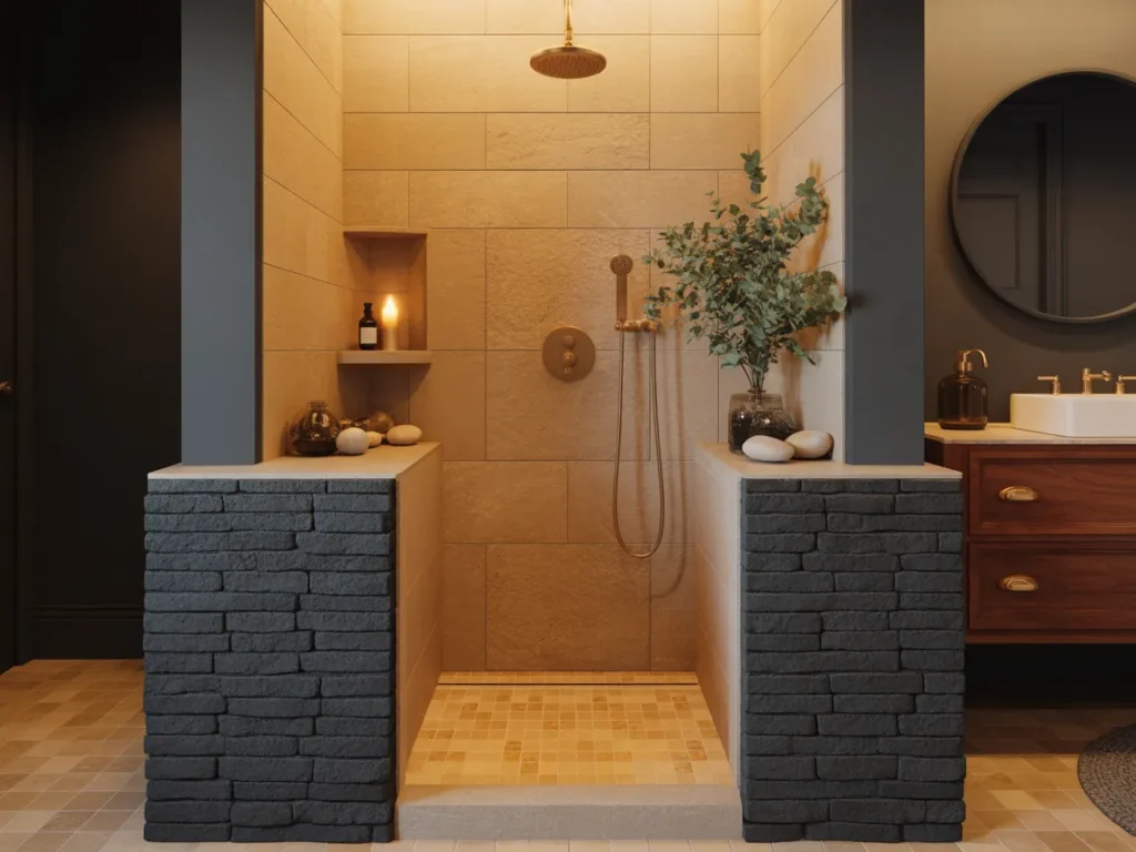 Half-Wall No Glass Door Walk-In Shower