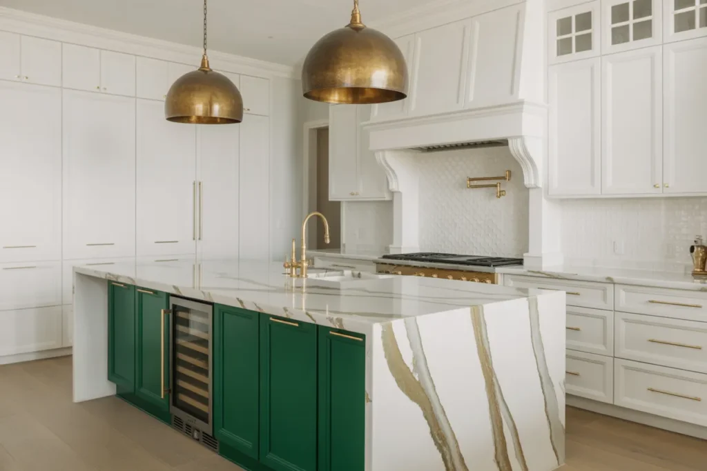 Two Tone Luxury Kitchen — Emerald Green Island With Calacatta Gold Marble and White Cabinetry
