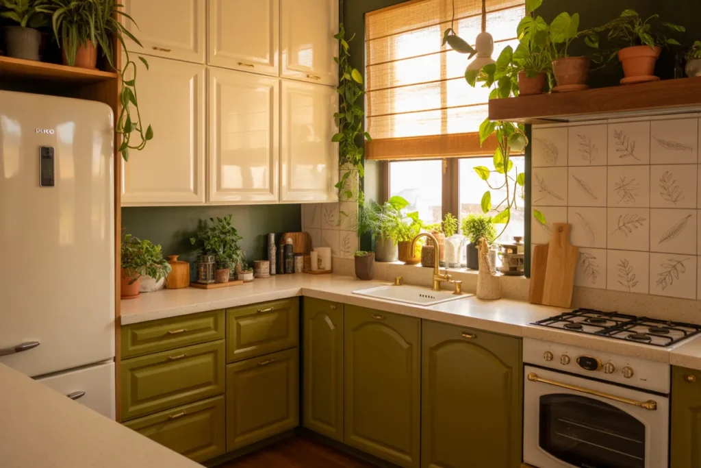 Glossy White Upper and Matte Olive Green Lower Cabinets — The Botanical Kitchen