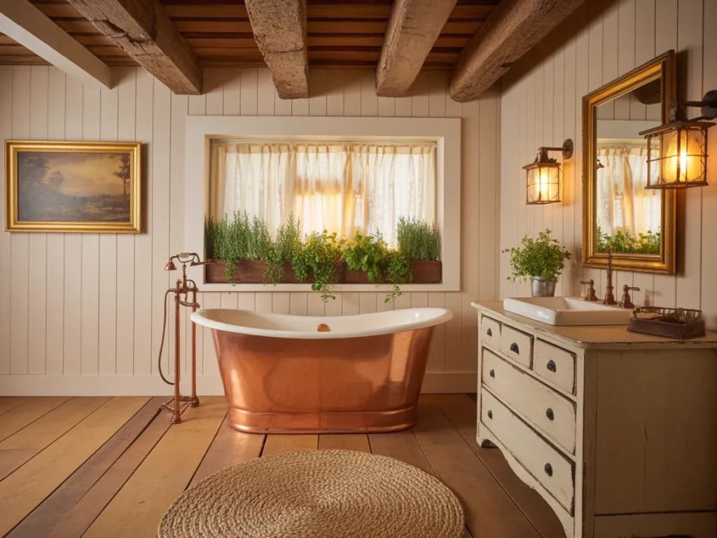 Farmhouse Master Bath with Soaking Tub and Wood Ceiling