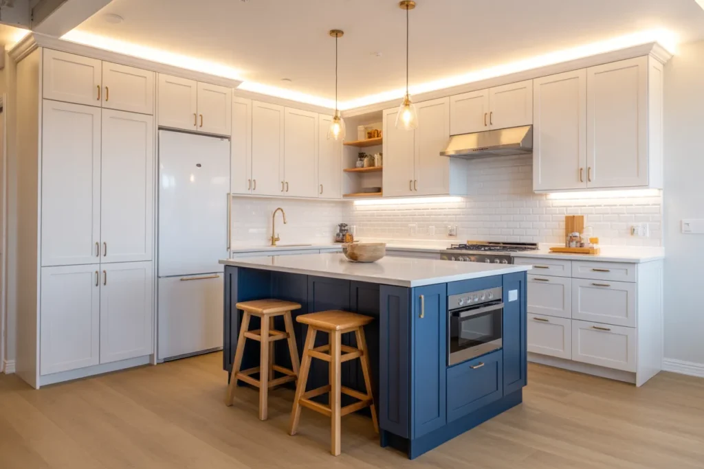 Two-Tone Small Kitchen — Navy Island With White Surround Cabinets