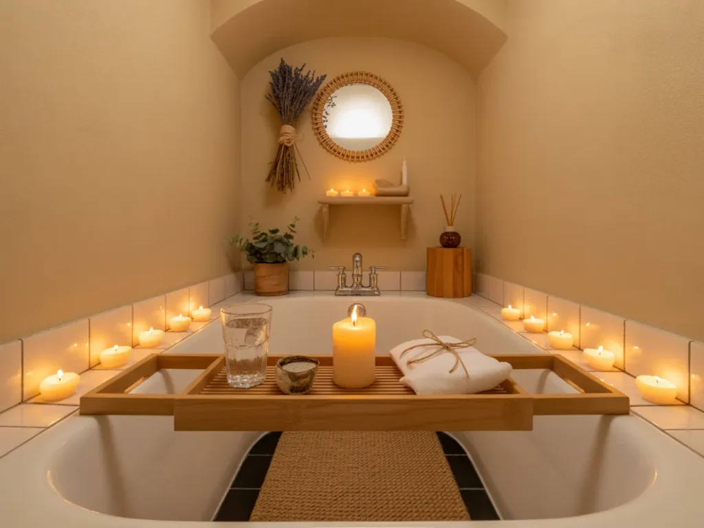 Apartment Spa Bathroom with Candles and Aromatherapy Decor