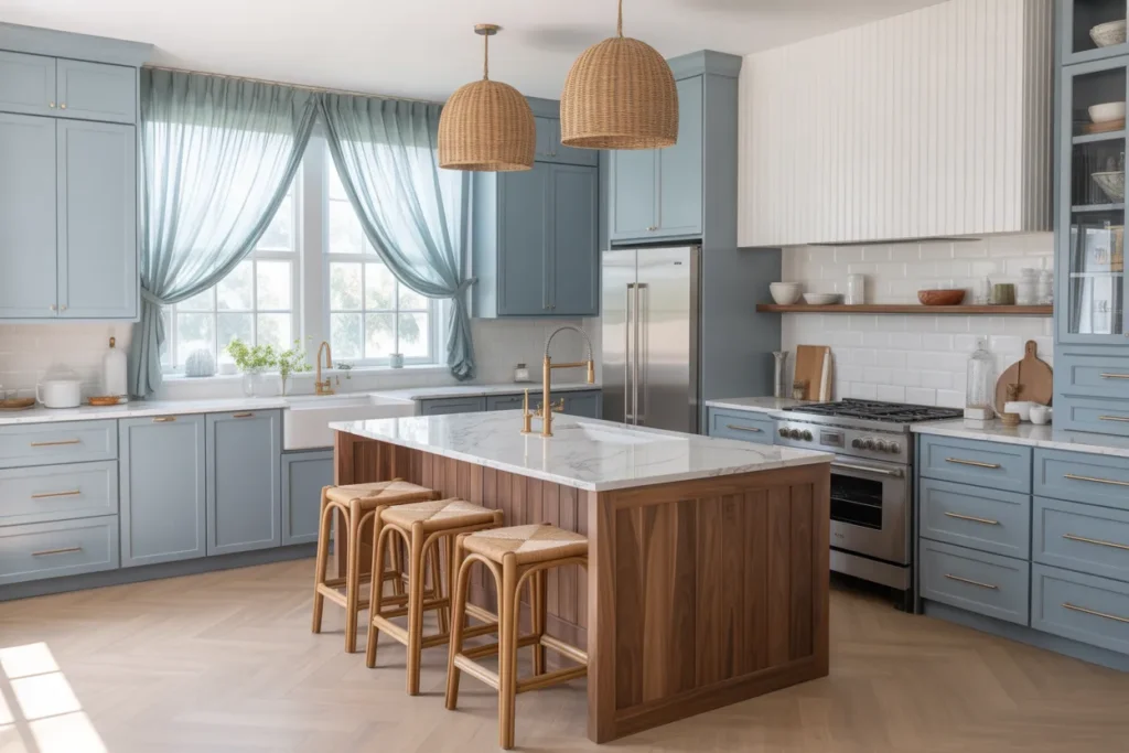 Dusty Blue Uppers With Warm Wood Island — The Artisan Coastal Kitchen