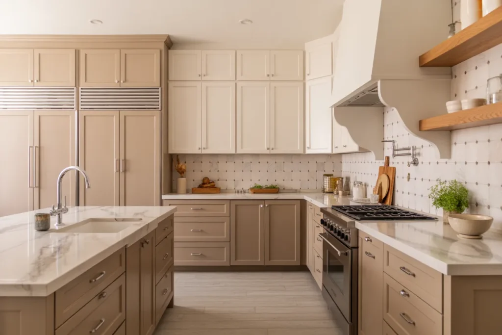 Greige Lowers With White Uppers and Wood Accents — The Timeless Neutral