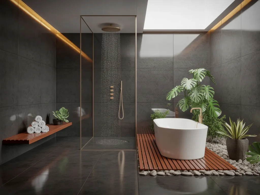 Spa Wet Room with Wood Accents