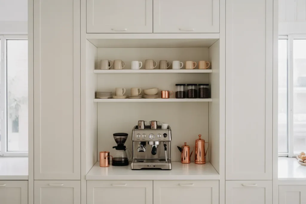 Modern Kitchen Coffee Station with Built-In Shelving