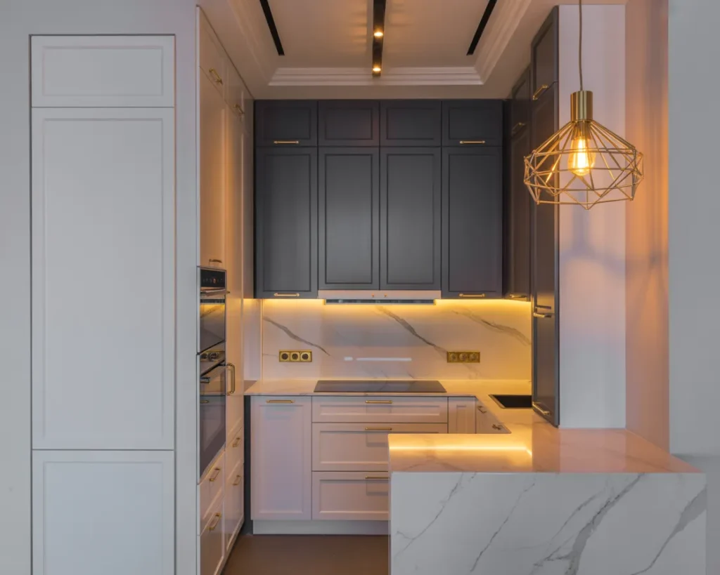 Small Kitchen With Statement Lighting