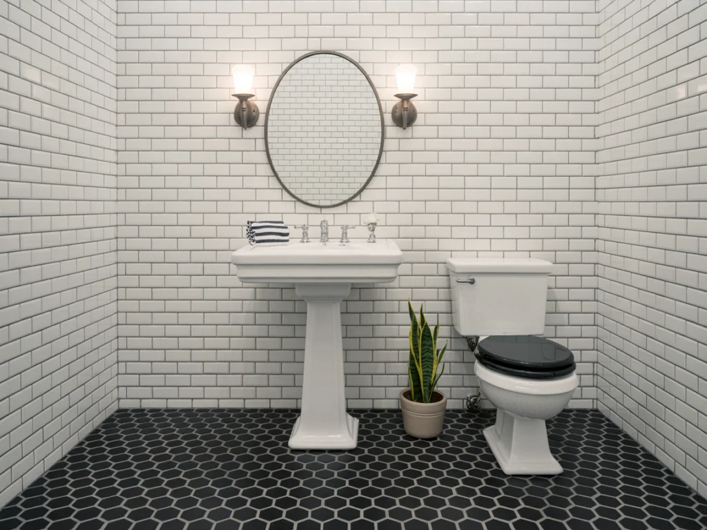 Timeless White Subway Tile and Black Hex Floor Combination