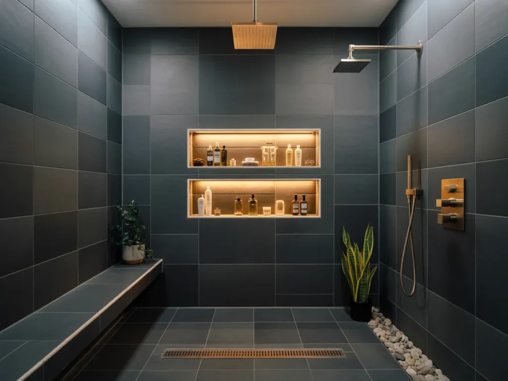 Walk-In Shower with Dual Niche Shelves and Bench Combo