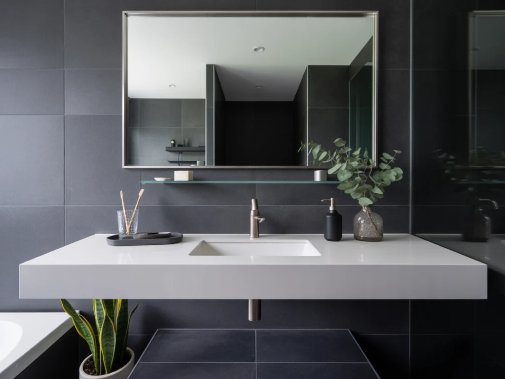 Modern Frameless Mirror with Integrated Shelf