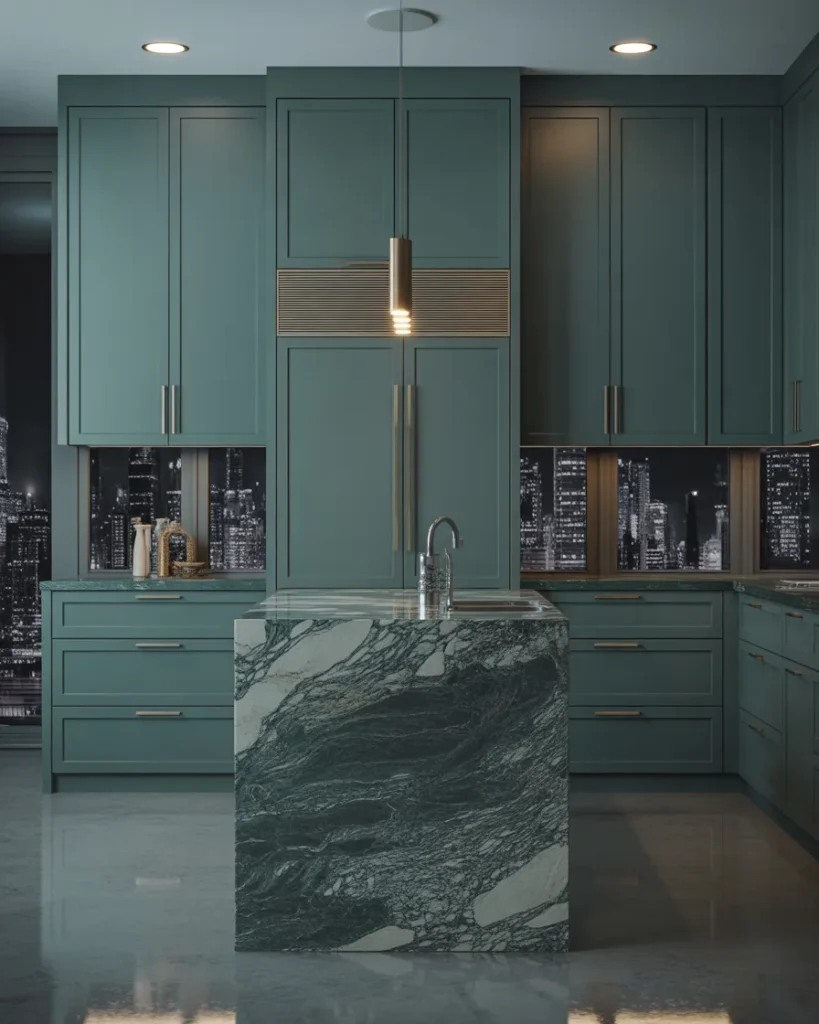 Smoked Teal + White Marble kitchen