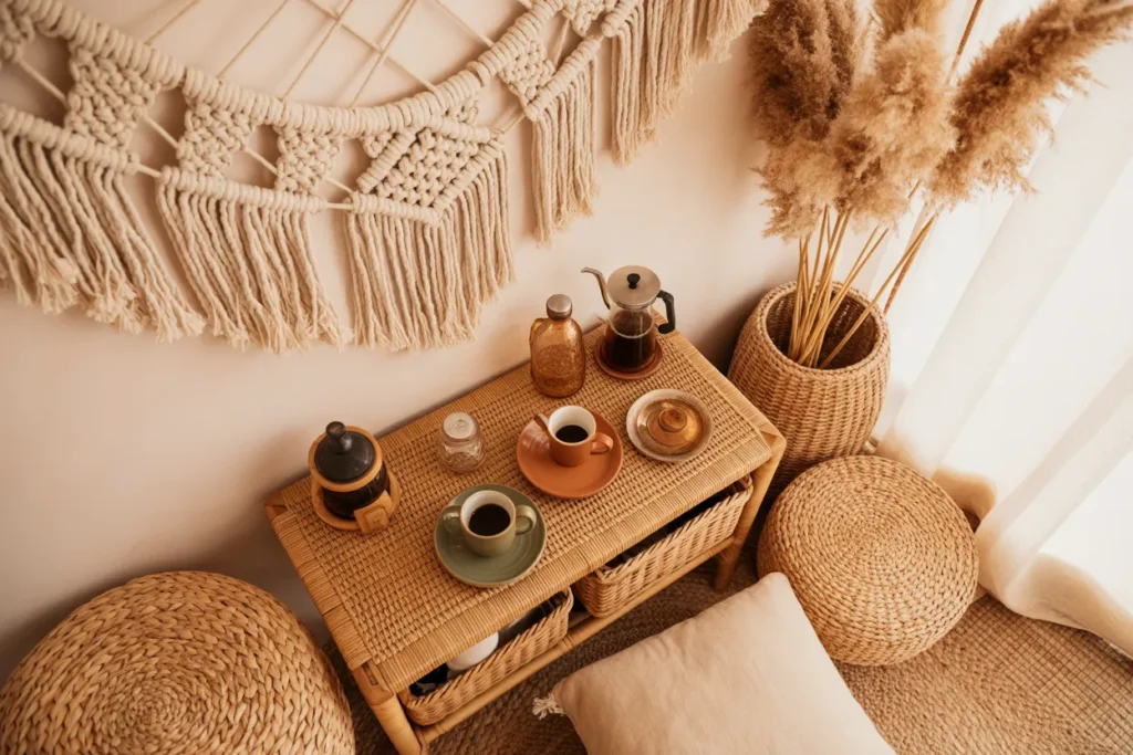Boho Coffee Corner with Macramé & Rattan