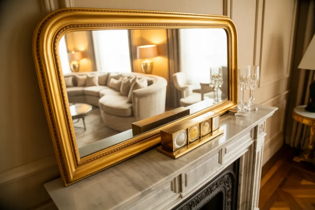 Gold Framed Statement Mirror Above the Fireplace