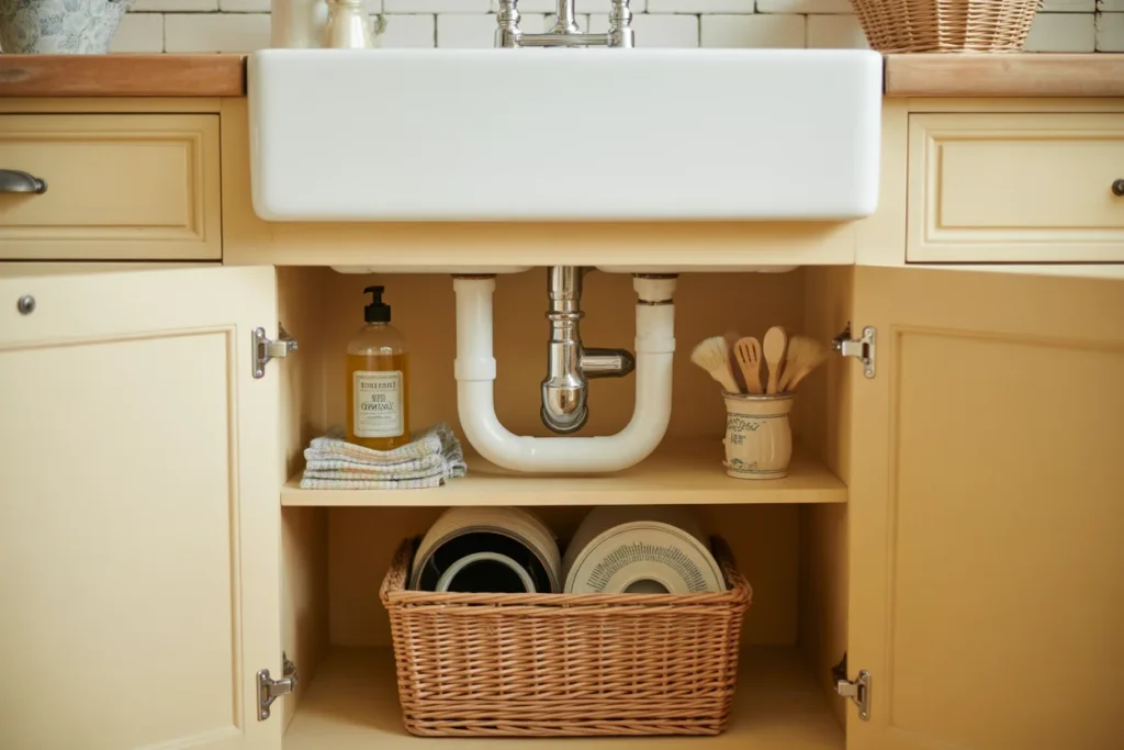 Minimalist Under-Sink Setup With Wicker Baskets