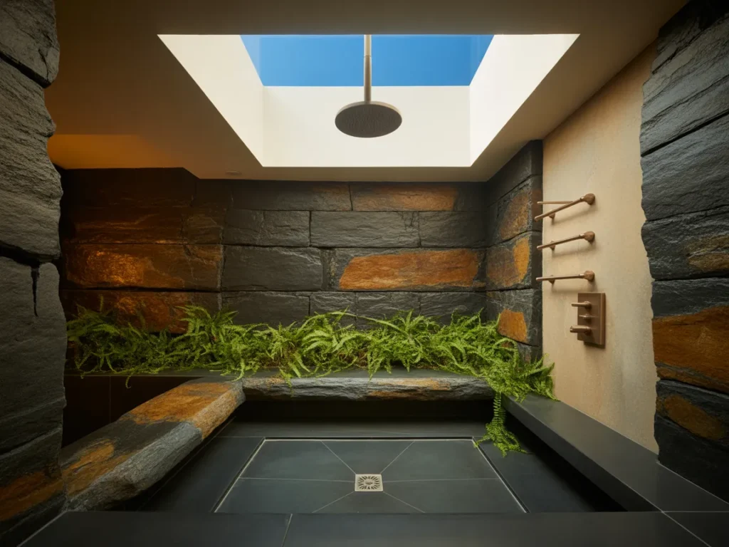 Walk-In Shower with Skylight and Nature View