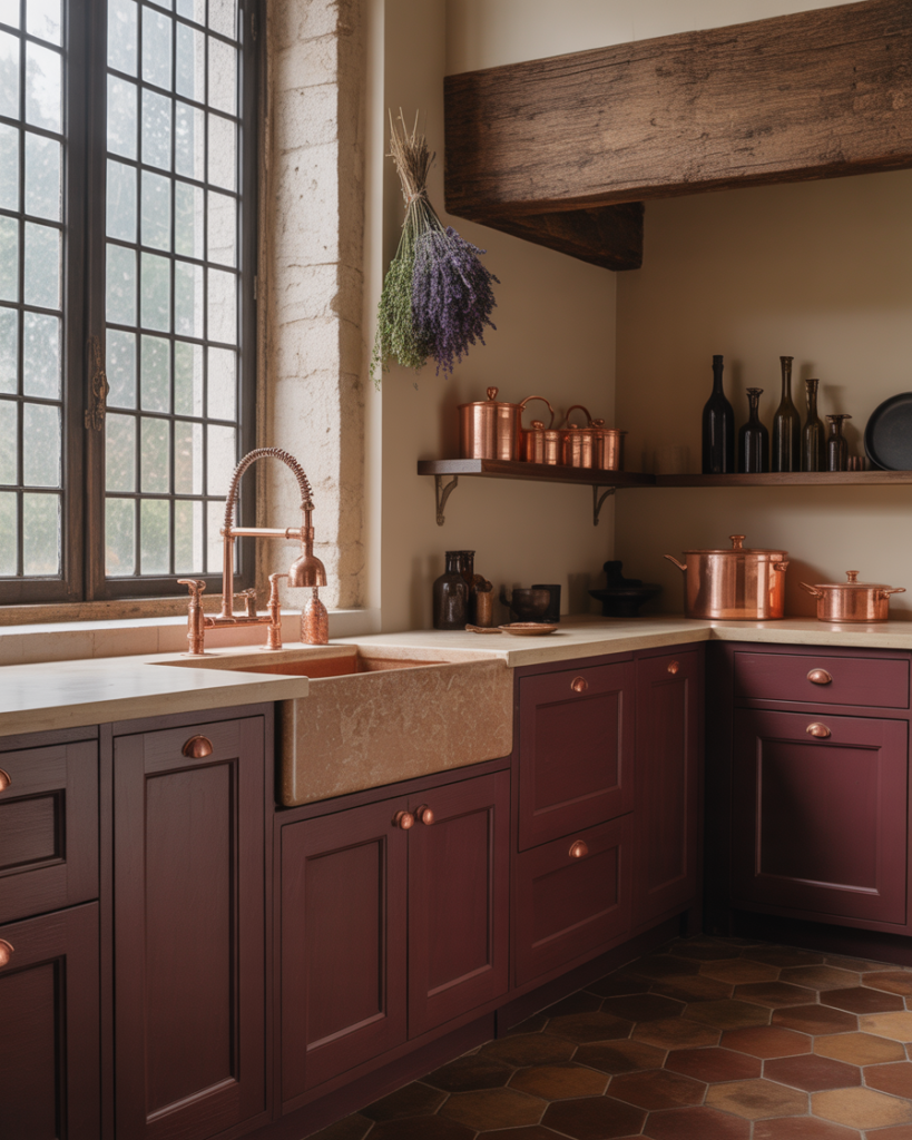 Deep Burgundy + Warm Stone kitchen color palette ideas