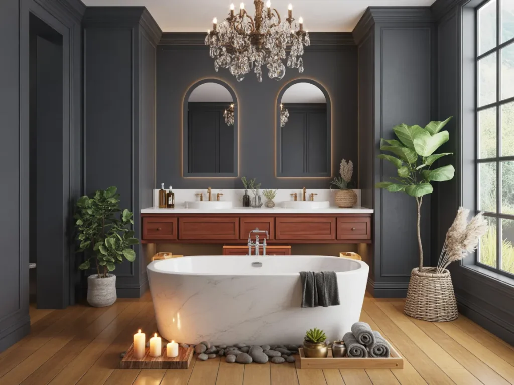 Master Bath with Spa Colors, Soft Lighting, and Luxury Decor