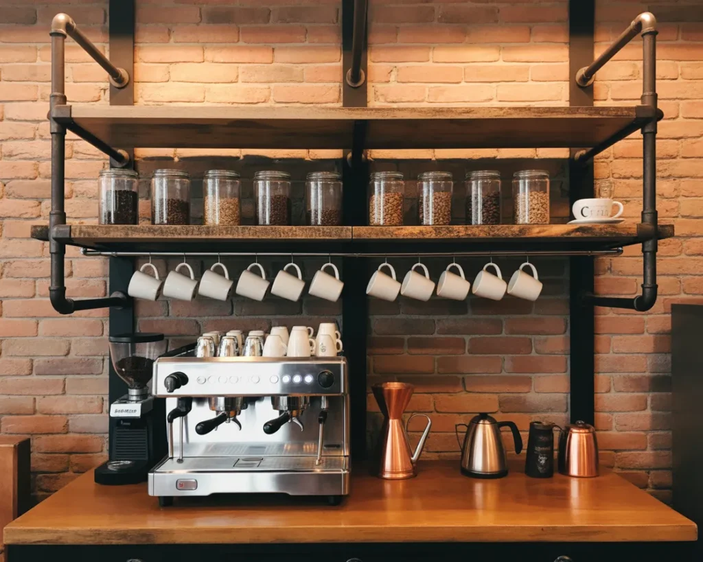 Industrial Pipe Shelf Coffee Station