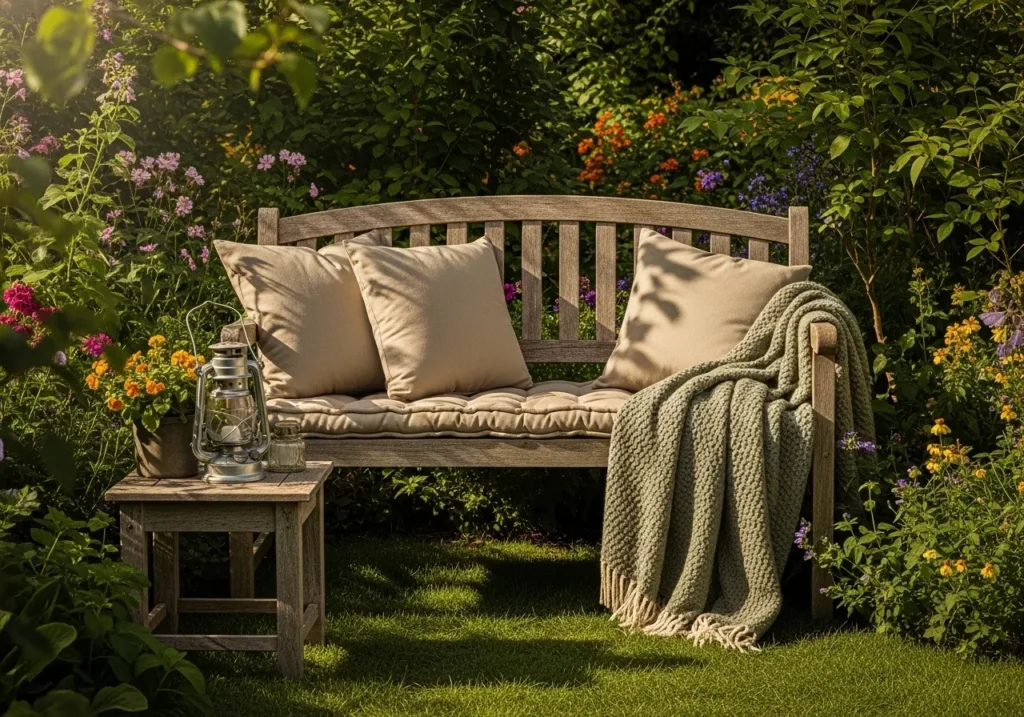Garden Bench Reading Spot with Throw Blanket