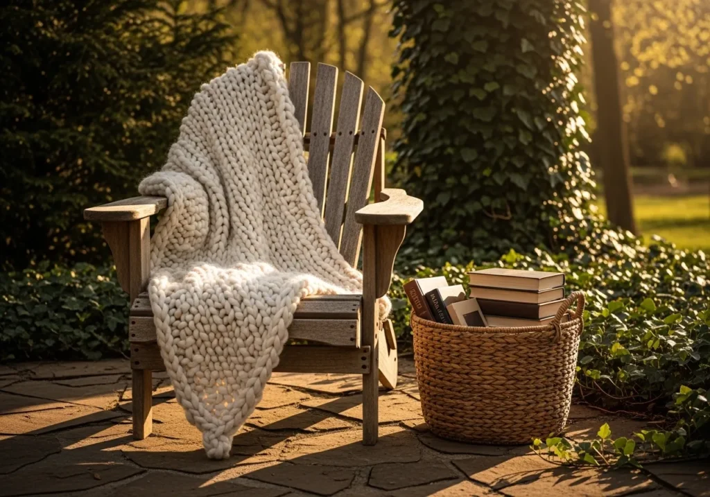 Rustic Wooden Chair with Cozy Blanket 